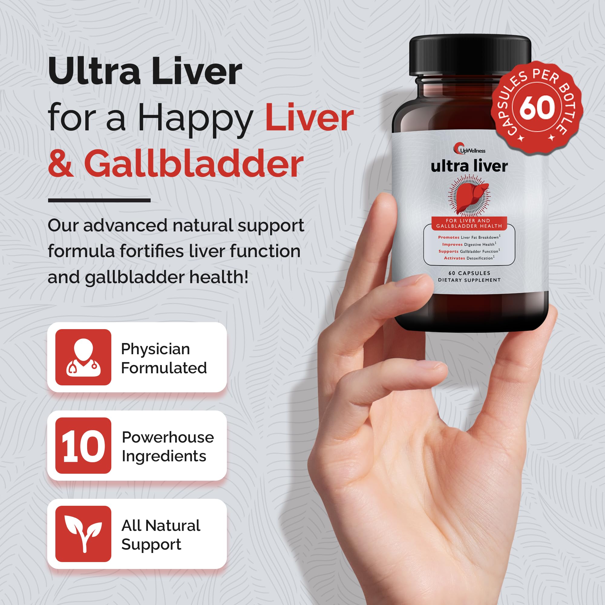 UpWellness Ultra Liver Supplement for Liver Support and Gallbladder Support - Powered by TMG, NAC Milk Thistle, and More - Liver Cleanse Detox & Repair - 60 Capsules