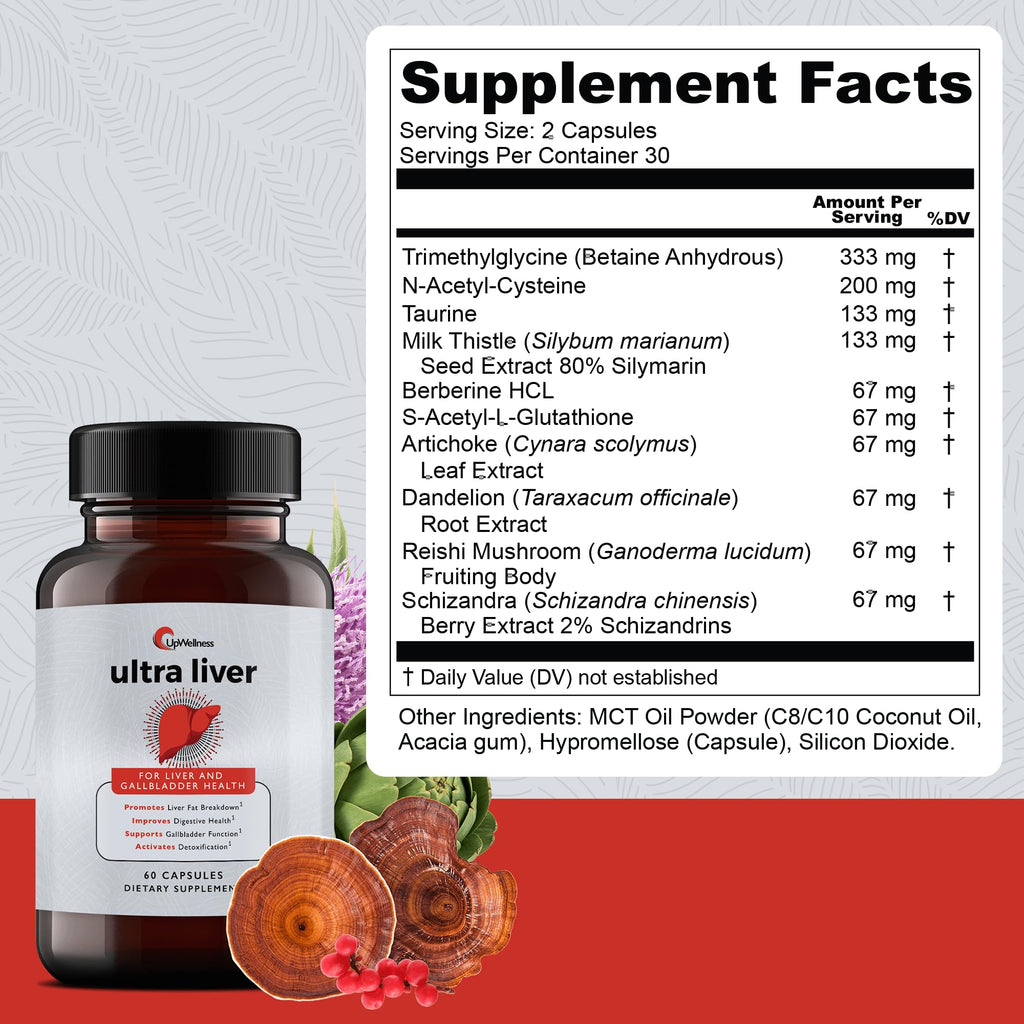 UpWellness Ultra Liver Supplement for Liver Support and Gallbladder Support - Powered by TMG, NAC Milk Thistle, and More - Liver Cleanse Detox & Repair - 60 Capsules