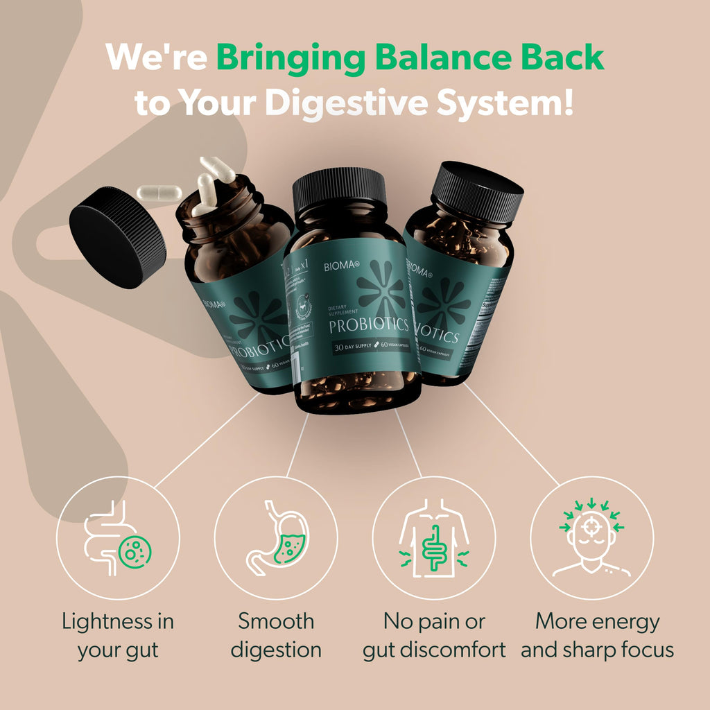 Bioma Probiotics – 60 Capsules | 3-in-1 Gut Health Formula for Digestive Support, Balance & Immunity
