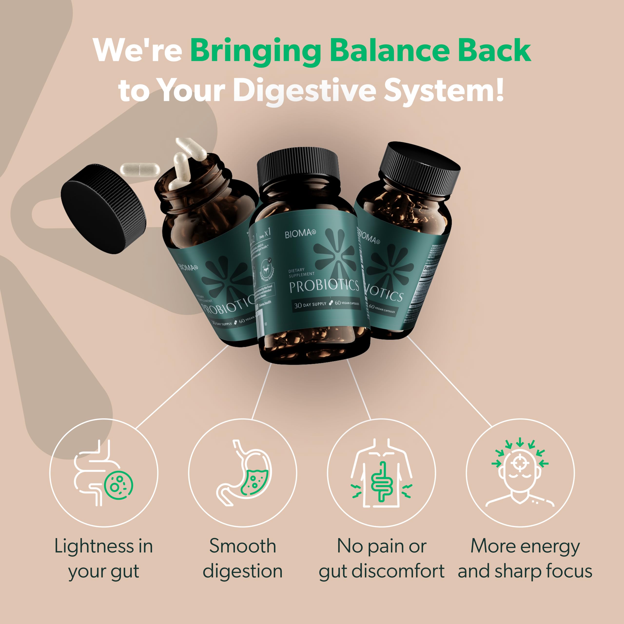 Bioma Probiotics – 60 Capsules | 3-in-1 Gut Health Formula for Digestive Support, Balance & Immunity